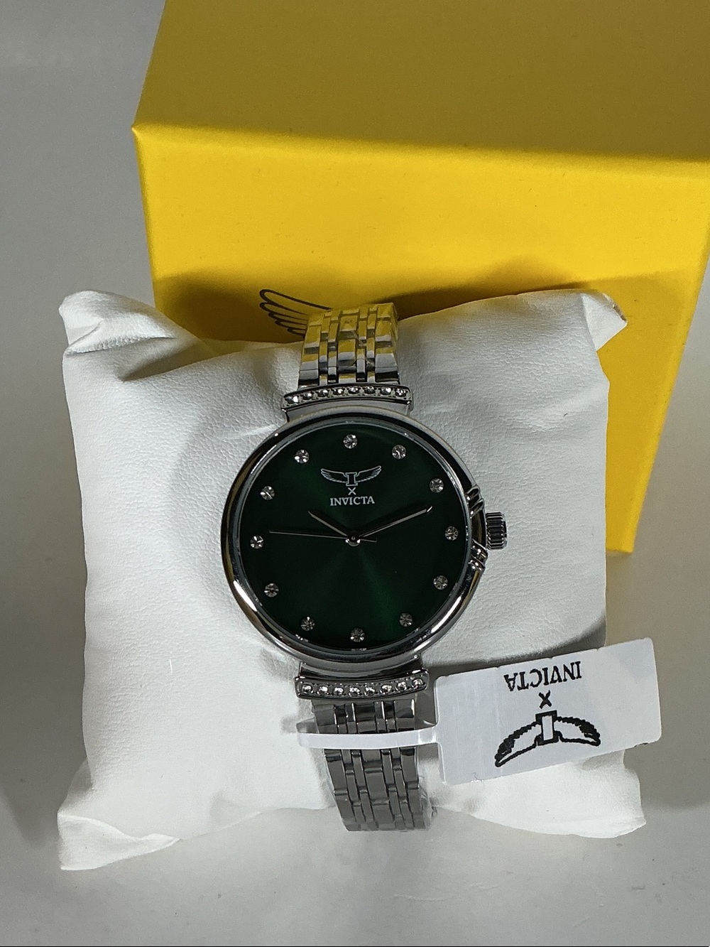 Invicta Women's Silver Bracelet Watch with Green Dial & Crystal Markers  69949
